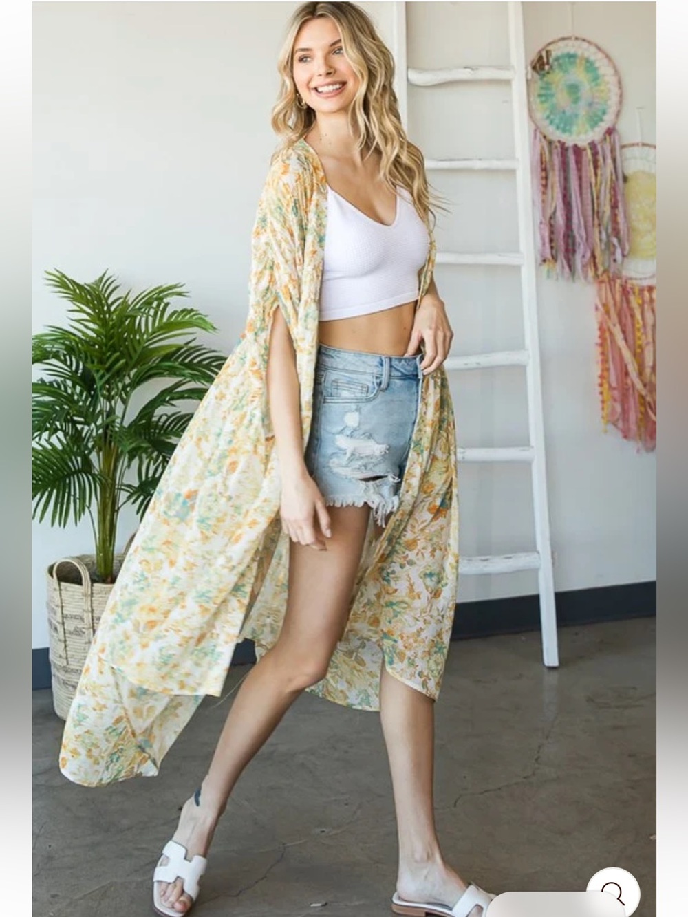 Oli &Hali Floral mineral wash duster  Smocked kimono Cream & Yellow